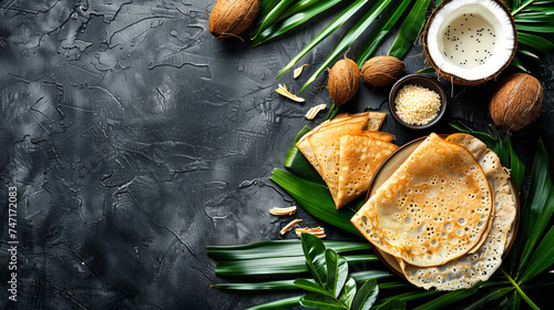 Indian dosa background, savar, coconut sauce, coconut green leaf