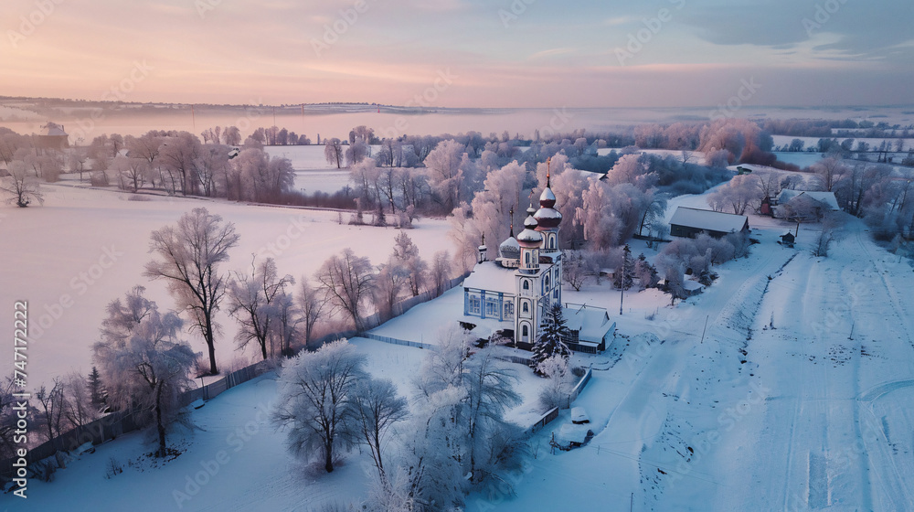 Country winter landscape. View of orthodox