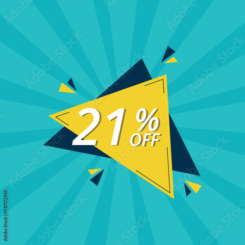 Vector illustration of yellow discount banner on blue background for business, 21% discount banner for websites, blogs and graphic resources.