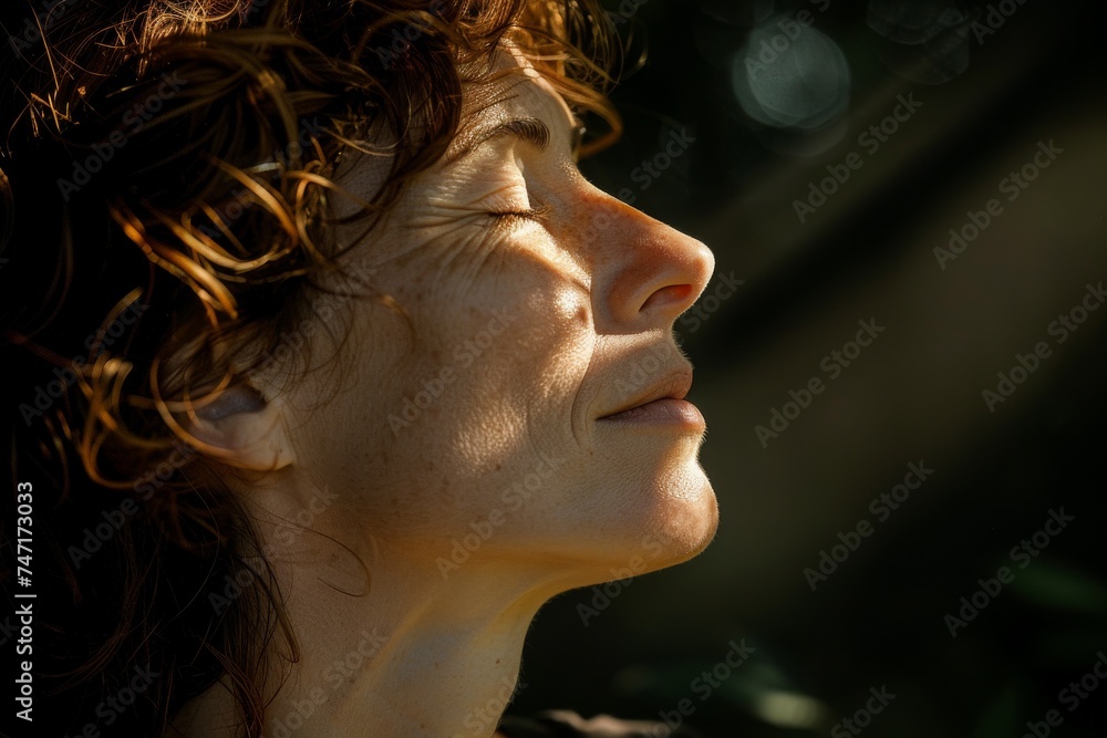 Close-up of a curly-haired woman with a peaceful expression, immersed in natural sunlight filtering through the foliage.