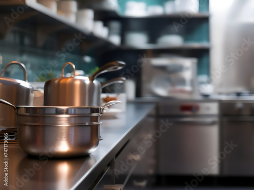 Modern kitchen interior background. Clean kitchen with countertop and kitchenware blurred scene background.