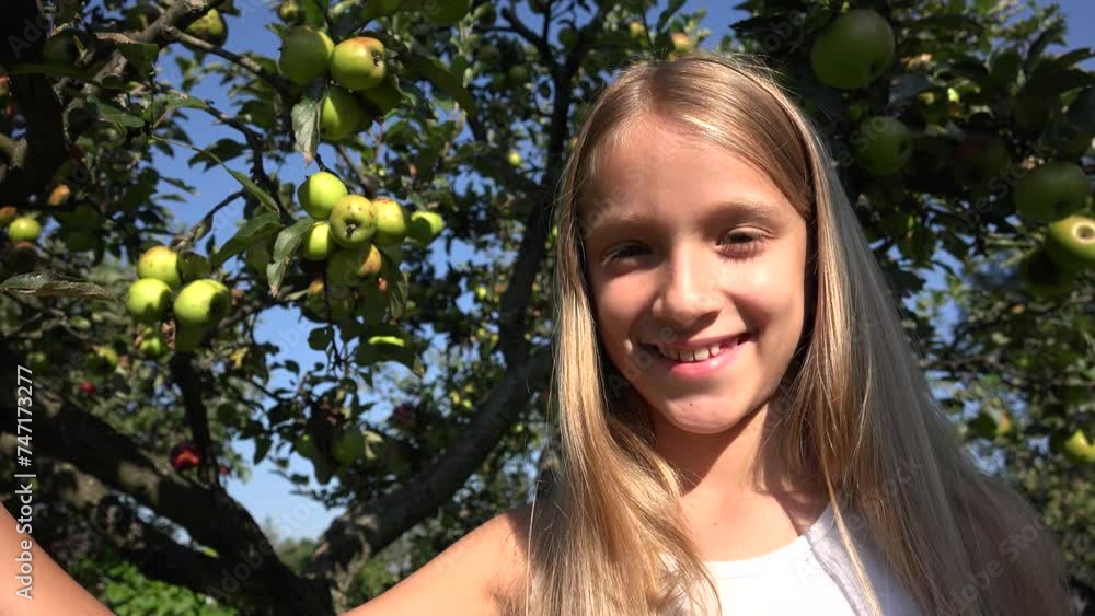 Girl by Apple Tree, Child in Orchard, Farmer Kid in Garden, Fruits in Tree, Kid at Village at Countryside Girl by Apple Tree, Child in Orchard, Farmer Kid in Garden, Fruits in Tree, Kid at Village at Countryside