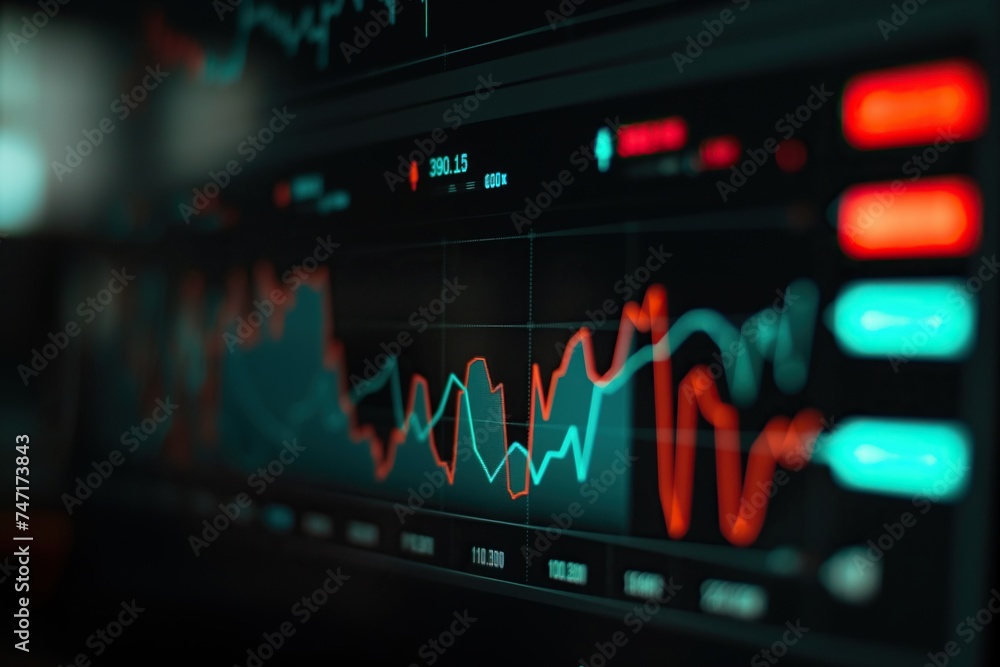 A sophisticated financial monitoring dashboard displaying red and blue fluctuating graphs A sophisticated financial monitoring dashboard displaying red and blue fluctuating graphs
