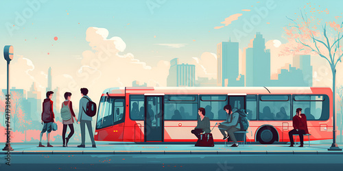 Public transport bus and train photo of a lively cityscape with colorful public train station public transportation hub City tram anime visual novel game Stop tourism People waiting for bus at the bus
