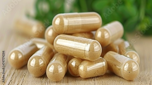 Herbal leaf capsules  natural medicine concept with herbal supplements in capsules on wooden table