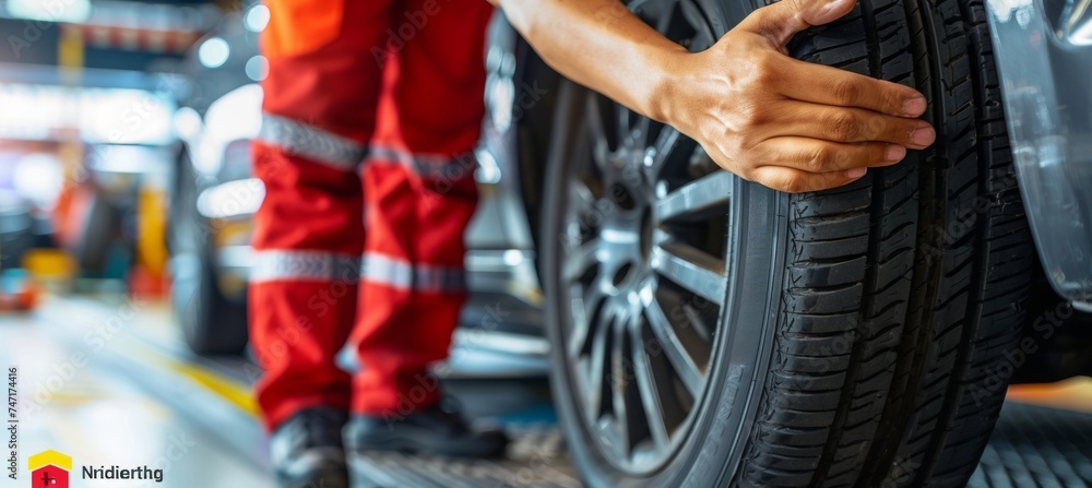 Mechanic giving thumbs up by car tire in auto repair shop   professional setting.