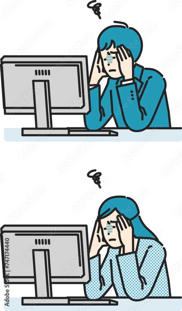 Illustrations of people complaining of headaches in front of computers Illustrations of people complaining of headaches in front of computers