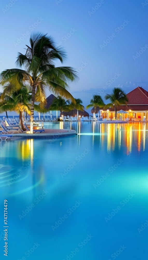 Night view of a tropical resort pool amidst lush greenery, exuding elegance and a serene atmosphere.