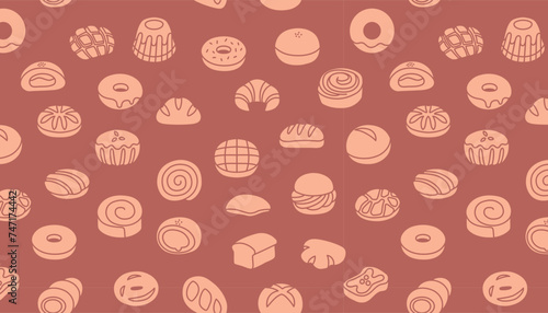 Seamless pattern with bread and pastries. 