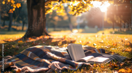 A blanket and a book under a tree in a sunny autumn park. 