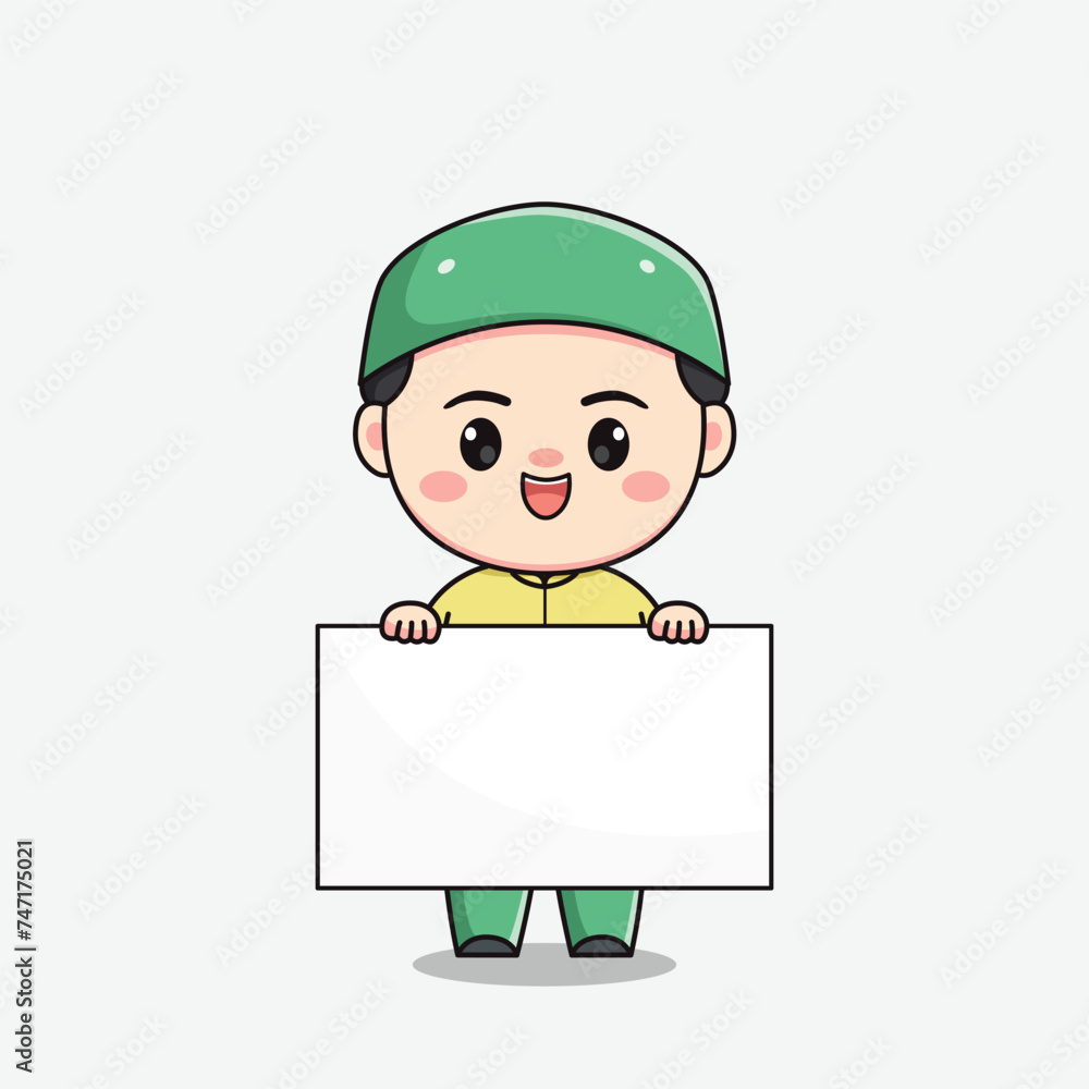 Muslim boy character with a board for text Muslim boy character with a board for text