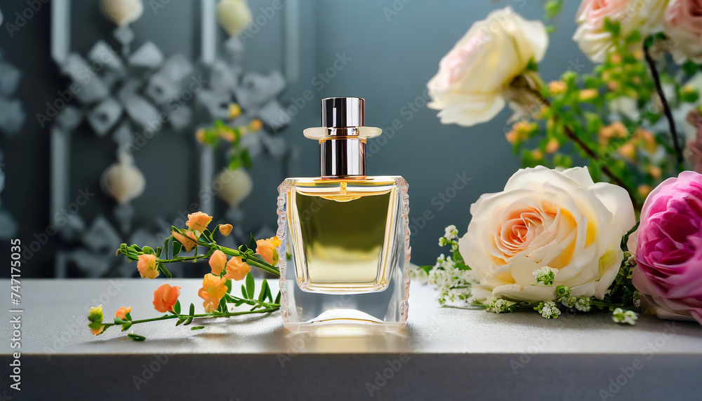 Mock-up of glass perfume bottle with beautiful spring flowers. Floral aroma. - obrazy, fototapety, plakaty 