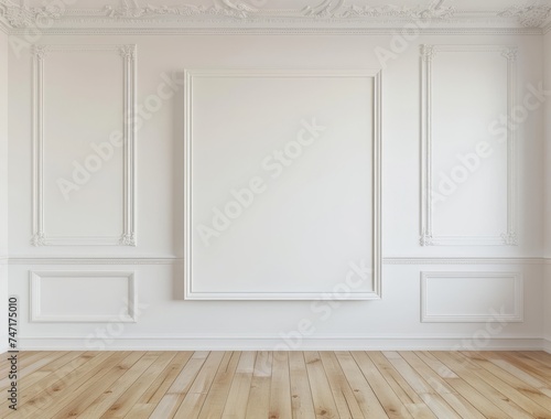 Empty white frame on wood floor in white room  celebrate artistic day