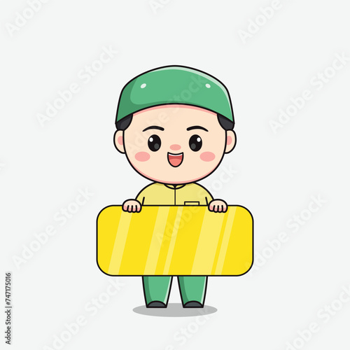 Muslim boy character with a board for text