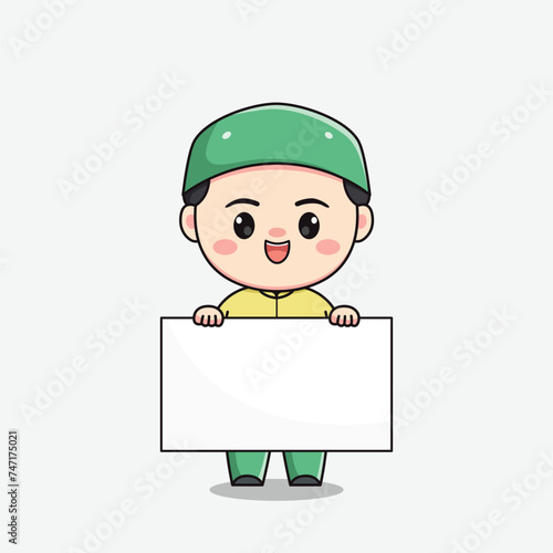 Muslim boy character with a board for text