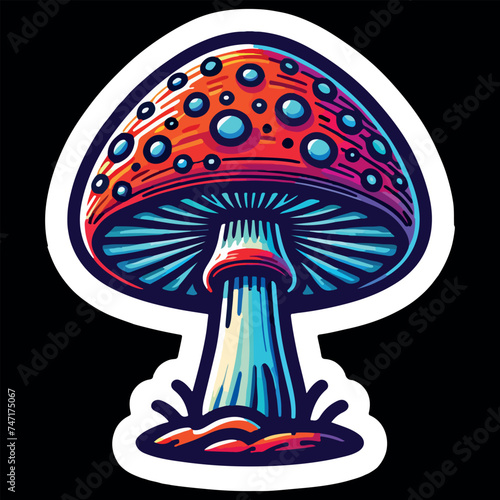 Stickers, bright colored magic mushroom, empty background. Generative AI