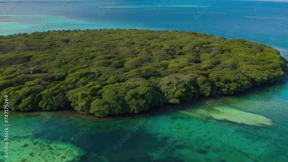 Aerial drone view of mangrove forest and sea landscape