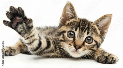Cute tabby kitten with its paw up on white background © Jafger