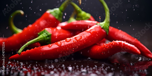 spicy taste,Fresh red Serrano Pepper seamless background, adorned with glistening droplets of water. Top down view.Fresh tasty raw hot red chili pepper close up, after rain, water splashing around, ra