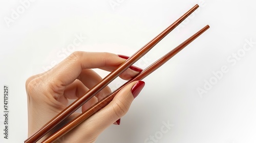 A female hand holding chopstick against a clean white backdrop with top view and a space for text or product, Generative AI.