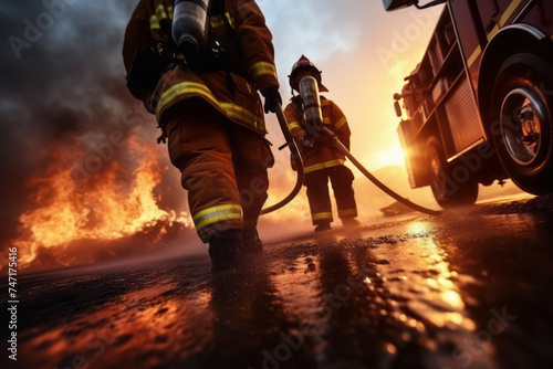 Selective focus Firemen fighting a burning fire with flames to rescuing people Created with Generative AI technology. photo