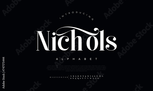 Nichols Abstract Fashion font alphabet. Minimal modern urban fonts for logo, brand etc. Typography typeface uppercase lowercase and number. vector illustration photo