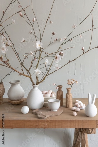 Wooden table with white vases filled with flowers