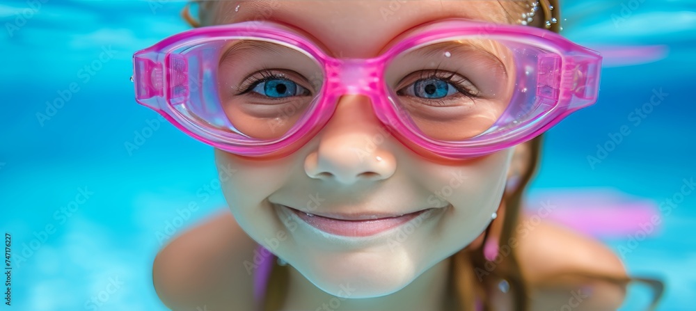 Close up of young girl swimmer in pool with copy space and vibrant blue water background