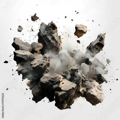 crushed Rock stone, Stone meteorite blast effects Flying rocky debris with dust isolated on transparent background,Blast Of Rock With Dust Particle, A dynamic image capturing a bunch of rocks in mid-a
