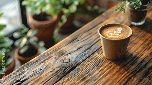 Paper cup of natural coffee on a wooden tabletop in an interior with plants.