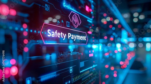a high-tech illustration design with the text Safety Payment. with a shield and lock icon. the concept of safe and secure payment transactions. 