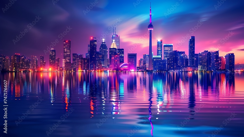 Vibrant city skyline reflecting on calm waters at night. Generative Ai