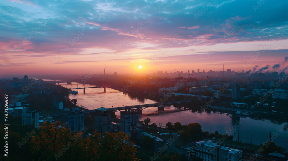 Dawn on the banks of the Dnieper river Ukraine