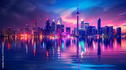 Vibrant city skyline reflecting on calm waters at night. Generative Ai