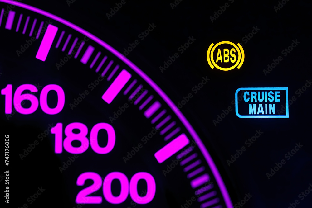ABS error indicator on car dashboard. ABS warning light, damaged sensor. Illuminated car