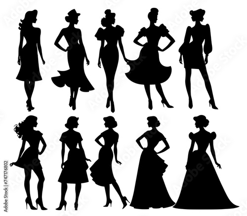 A lot of black silhouettes of beautiful women on white background
