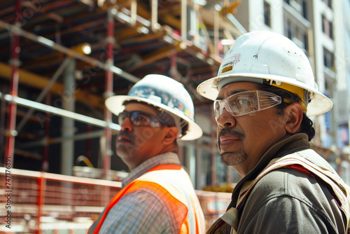 dedication and expertise of an engineer team wearing worker helmets as they collaborate on a construction site in a contemporary city setting, photo