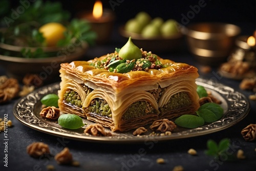 Pistachio baklava. Close-up. Traditional Middle Eastern Flavors. Traditional Turkish baklava. local name fistikli baklava, Pistachio baklava on a dark wooden background. Baklawa on a marble floor. photo