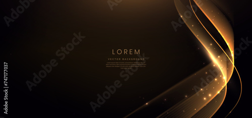 Gold curved ribbon on black background with lighting effect and sparkle with copy space for text. Luxury design style.