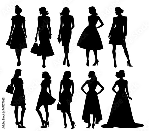 A lot of black silhouettes of beautiful women on white background