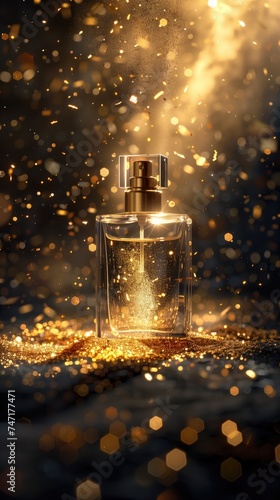 Perfume glass bottle with golden glitter and bokeh background