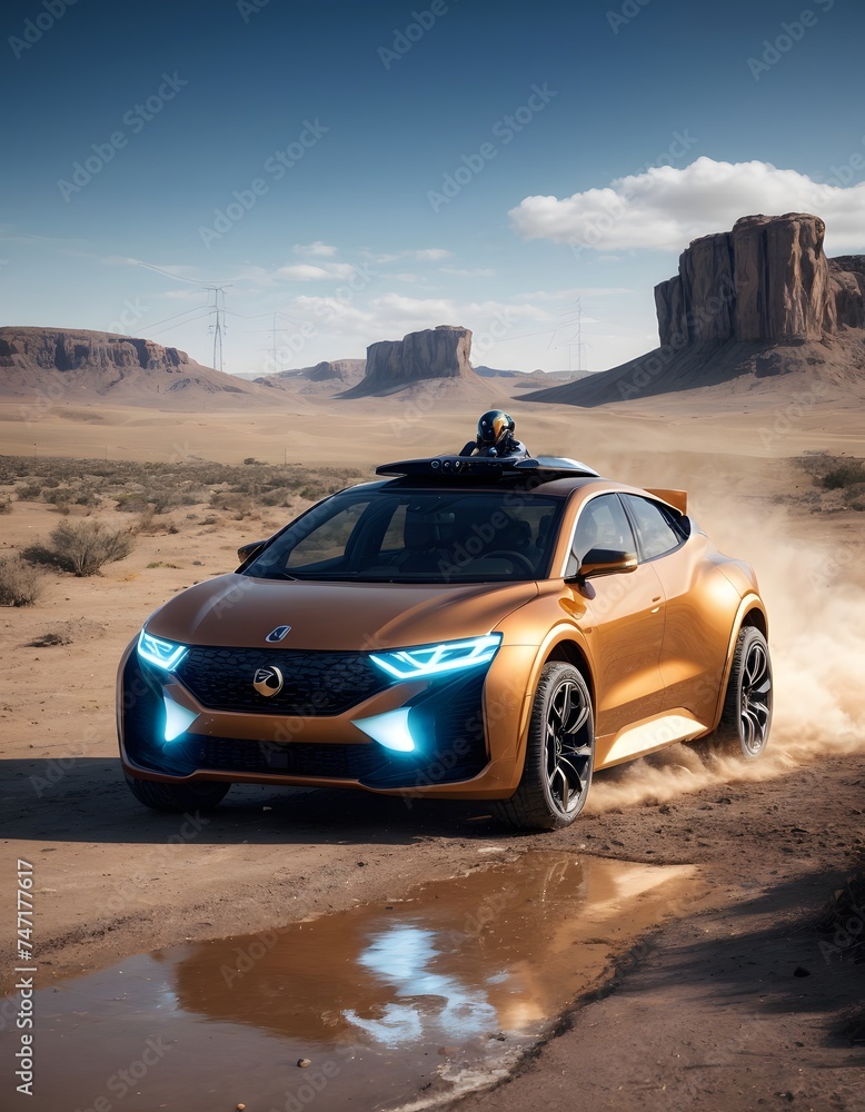 An electric coupe with a futuristic blue and orange design speeds through a desert, stirring up a cloud of sand. Reflective surfaces mirror the stark beauty of the surrounding monoliths.