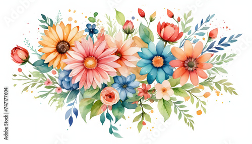 A delightful arrangement of multi-colored flowers with green foliage splattered with paint drops
