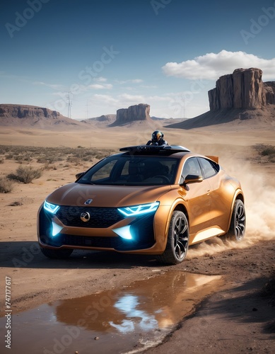 An electric coupe with a futuristic blue and orange design speeds through a desert  stirring up a cloud of sand. Reflective surfaces mirror the stark beauty of the surrounding monoliths.
