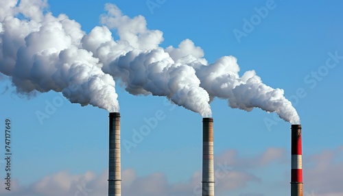Industrial pollution  factory smokestacks emitting carbon emissions, sinking into thick smog