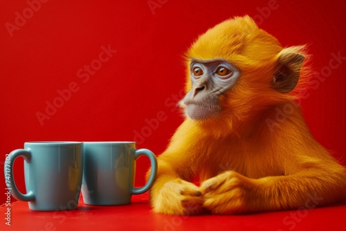 Adorable monkey sitting by two coffee cups on a vibrant red background, creating a whimsical and playful scene © VICHIZH
