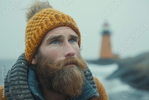 Bearded man in yellow knitted hat standing in front of a majestic lighthouse on a clear day