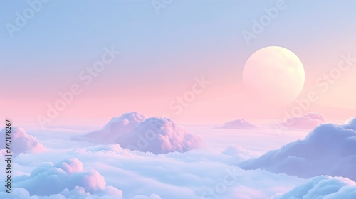 Dreamy Pastel Sky with Soft Clouds and Full Moon © leftmade