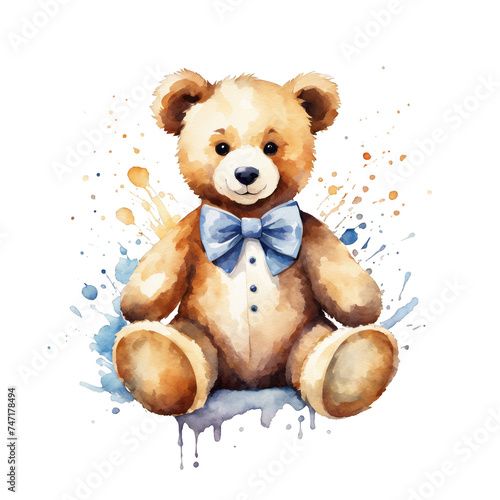 Cream colored teddy bear with a bow tie, watercolor illustration of cute teddy bear soft toy