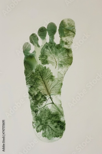 Generative AI, green watercolor ecology painted human carbon footprint with leaf veins